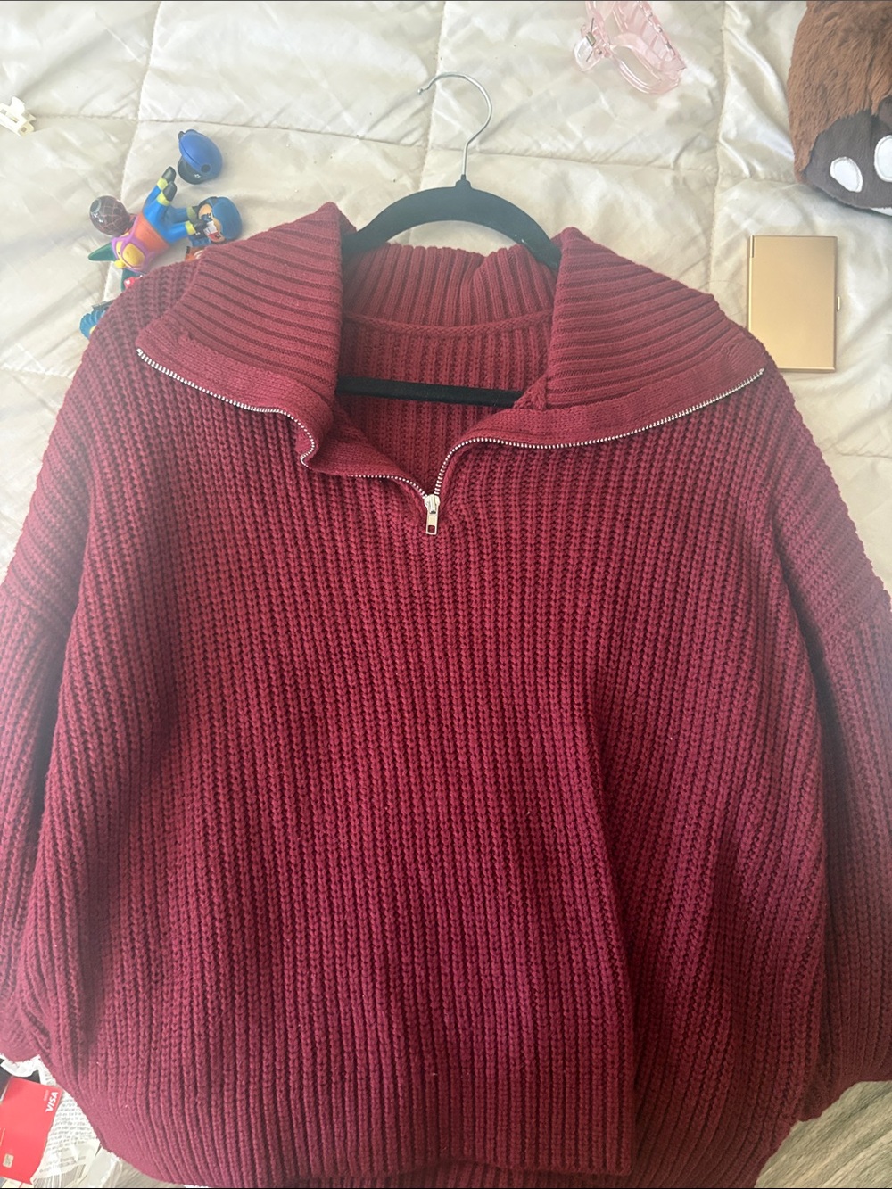 Women's Zip Mock Neck Sweater - Burgundy